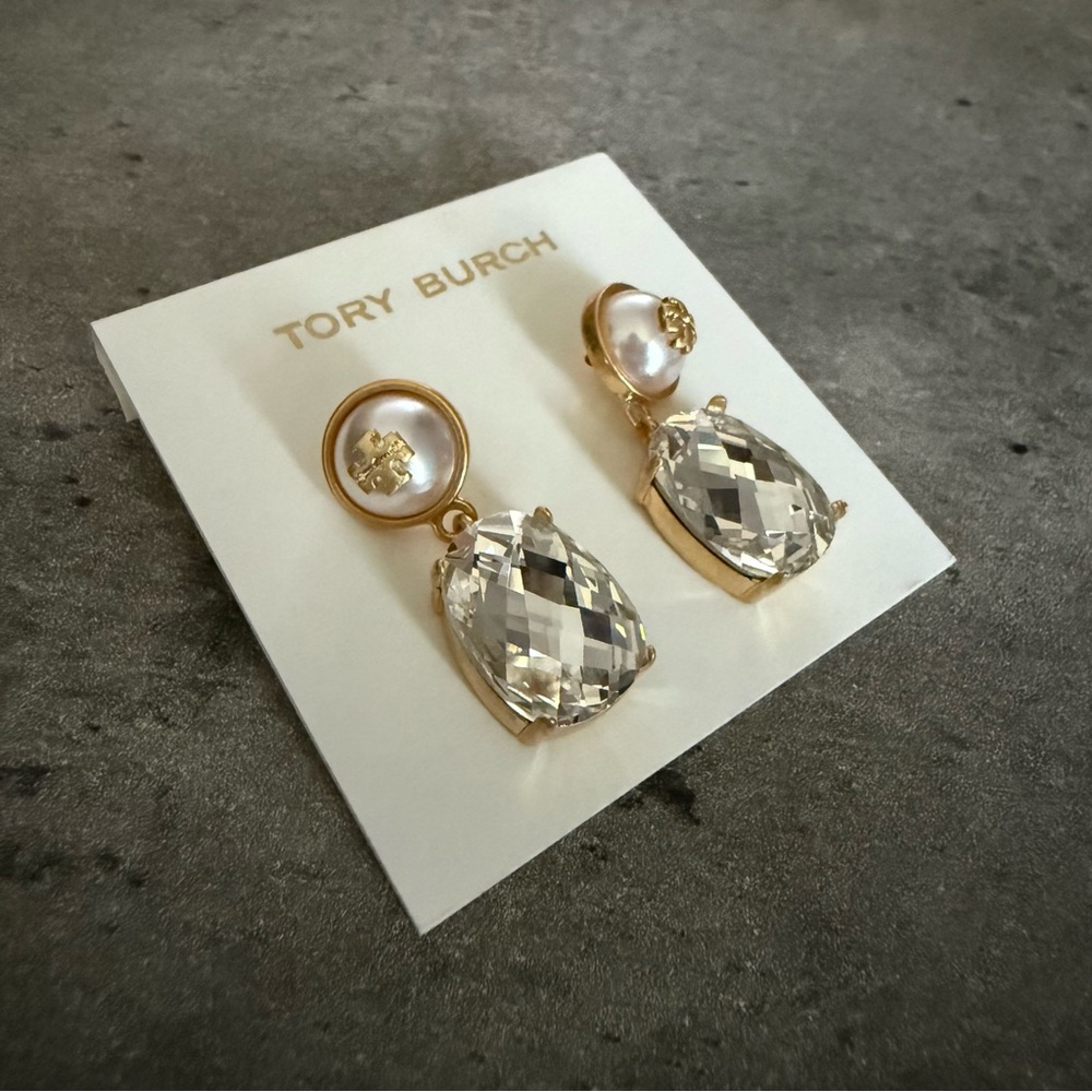 Tory Burch Gold and Silver Drop Earrings with Crystal Elegance